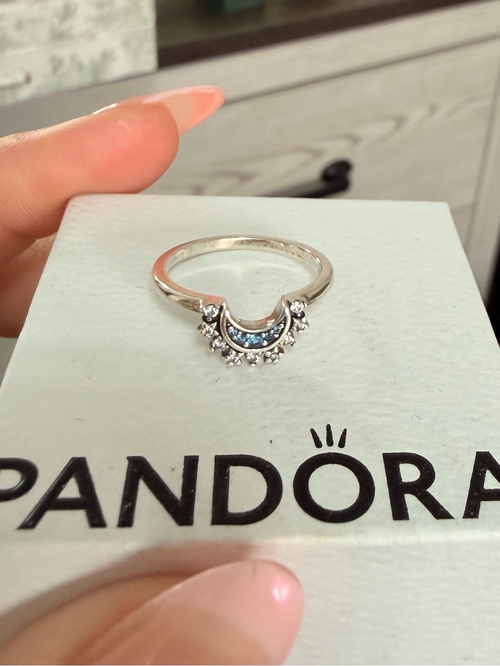 Pandora Silver Crescent Ring with Blue and Clear Stones